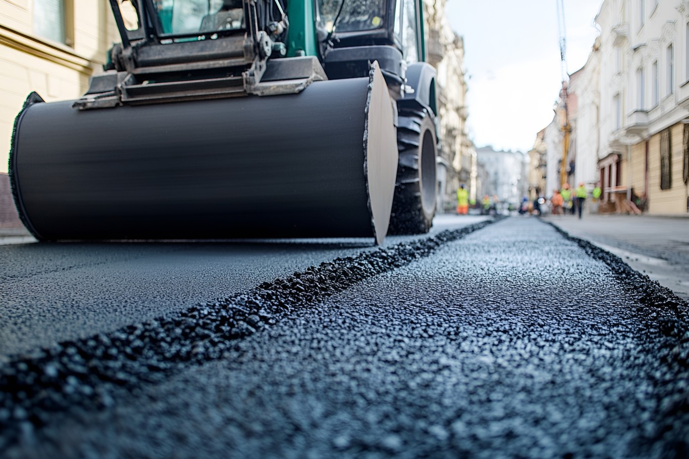 写实风格黑色压路机道路铺设修复施工现场商业照片（仅供交流学习非商用）.jpg