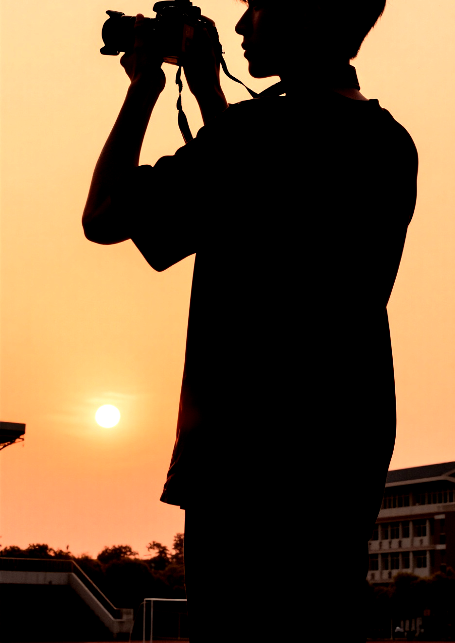 jimeng-2025-10-10-8134-幫我生成一個(gè)前景：大學(xué)生拿著相機(jī)或手機(jī)拍攝的剪影 背景：校園風(fēng)景（操場(chǎng)、圖書館、....png