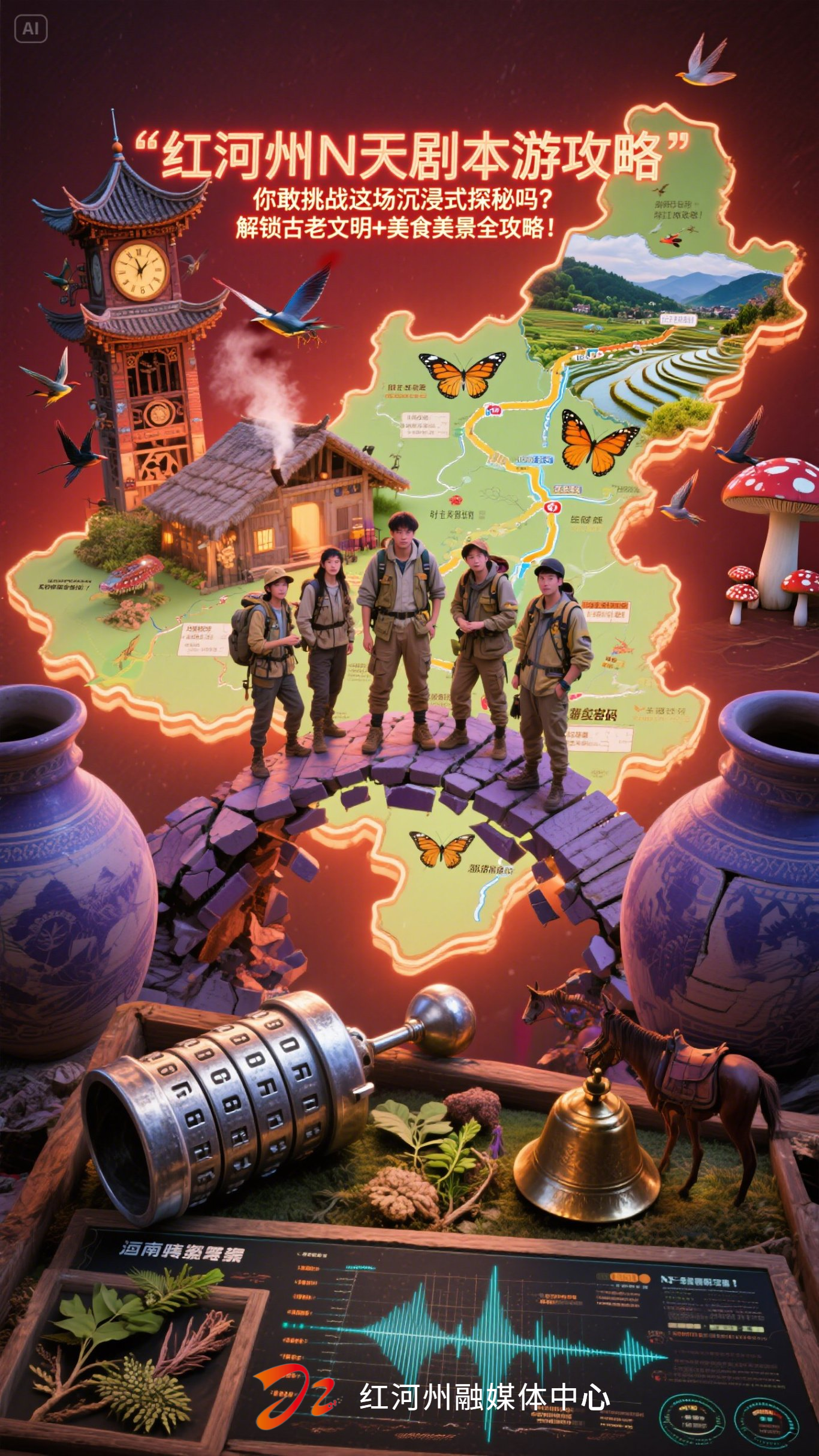 俯视视角呈现红河州全域互动地图，玩家小队正穿越由建水紫陶碎片组成的时空桥。关键元素包含开远凤凰钟楼机械鸟群、元阳哈尼蘑菇房炊烟密码、金平蝴蝶谷迁徙路线图。前景突出解谜道具：锡制密码筒、滇南本草植物标本... (1).jpeg